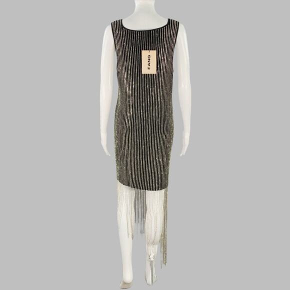 M Asymmetrical Rhinestone Black Silver Cotton Blend Sleeveless Cocktail Dress - Picture 4 of 8